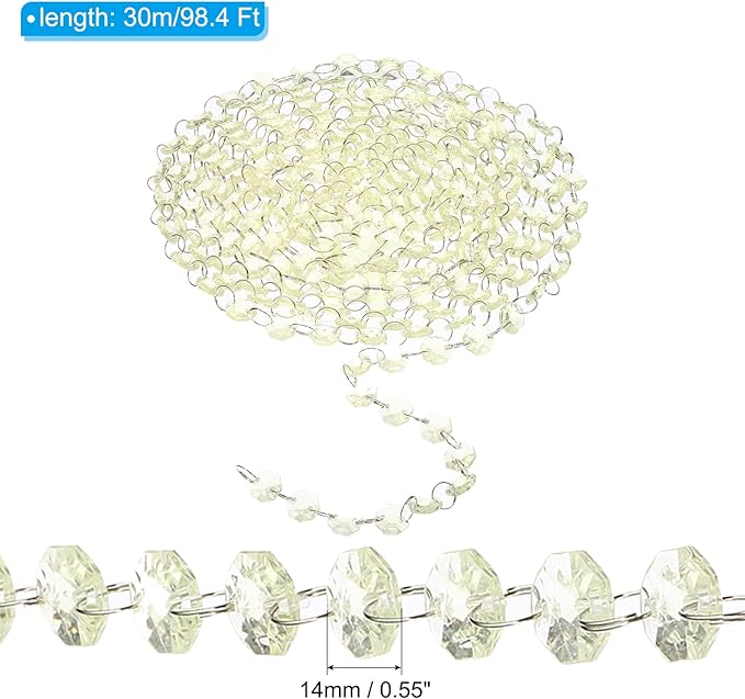 PATIKIL 14 mm Crystal Garland Strands, 98.4 Ft Acrylic Octagon Chandelier Bead Chains String for DIY Craft Wedding Party Home Decorative Jewelry Making, Champagne