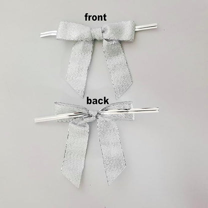 50pcs 2-1/2" Metallic Satin Silver Bows for Crafts Pretaied Christmas Bows with Twist Ties Hot Cut Tails for Christmas Decoration (Silver)