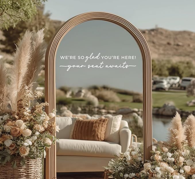 Wedding Sign Decal, Seating Chart Decor, Welcome Vinyl Wedding Mirror Decal, We're So Glad You're Here Seating Chart, Your Seat Awaits Sticker (White, Width 17 inch)