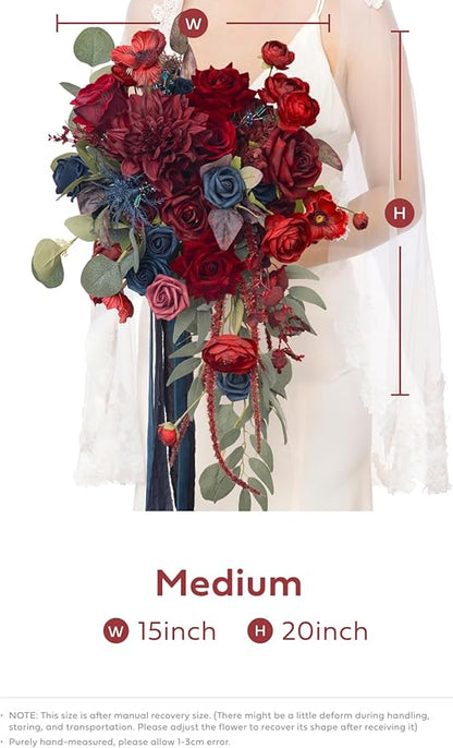 Ling's moment Navy Blue Burgandy Bridal Bouquet Cascading, Jewel Tone Wedding Bouquets for Bride, 15 Inch Bride Bouquets for Wedding Artificial Flowers Bouquets