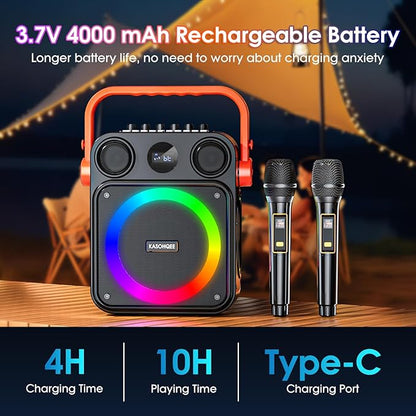Karaoke Machine for Adults,Portable Karaoke Speaker with Two Wireless Microphones, 3.7v Speaker Supports TWS,Bluetooth,TF Card/USB, AUX in, REC, Bass & Treble for Home Party/Meeting