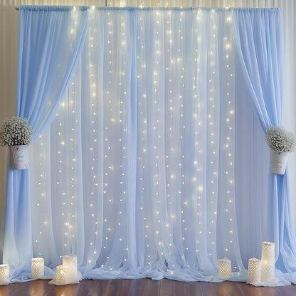 10ft x 10ft Baby Blue Chiffon Backdrop Curtain with Lights String for Parites Wedding Light Blue Curtains Photo Backdrop Drapes for Baby Shower Birthday Party Home Decorations