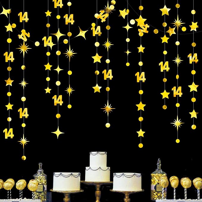 Gold 14th Birthday Decorations Number 14 Circle Dot Star Garland Metallic Hanging Streamer Banner Backdrop for Girls Boys Happy 14 Years Old Fabulous Birthday Fourteen Anniversary Party Supplies