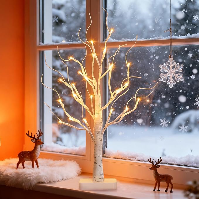 Vanthylit Lighted Birch Tree Battery Powered Tabletop Tree Decorations for Home Mantle Party Christmas Decorations (22 Inch)