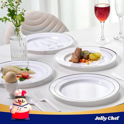 JOLLY CHEF 100 Pieces Silver Plastic Plates, 10 Inch Elegant Disposable White with Silver Rim, Plastic Plates for Dinner, Birthdays and Weddings