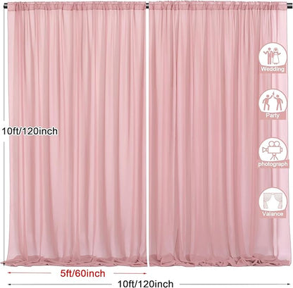 PARTISKY 10ftx10ft Dusty Rose Chiffon Sheer Backdrop Curtains, Wrinkle-Free Wedding Backdrop Drapes for Birthday Party Ceremony Arch Stage Decor Background for Photography 5ft x 10ft,2 Panels