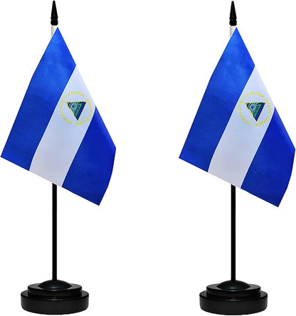 Nicaragua Nicaraguan Deluxe Desk Flag Set Small Mini Miniature Nicaragua Nicaraguan Table Desktop Flags With Solid Pole, Black Base and Spear Top(2 Pack)
