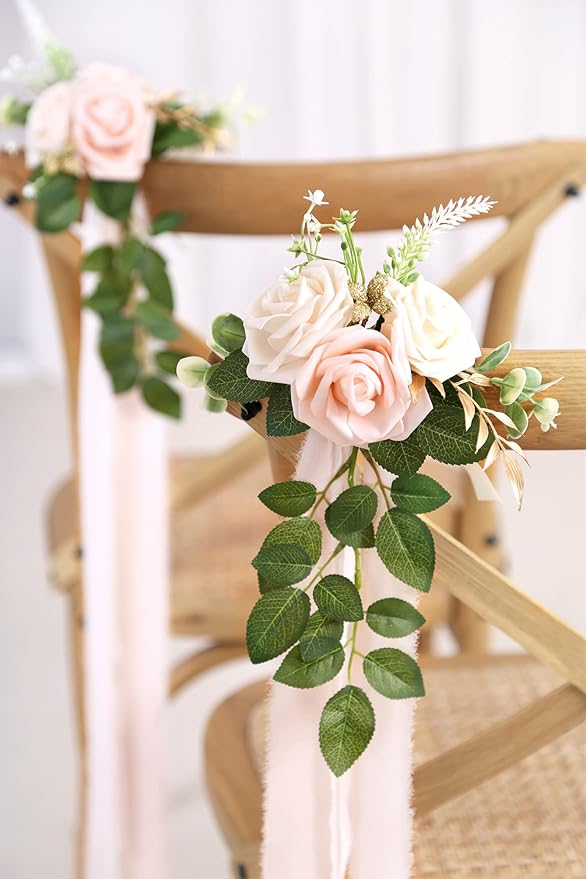 Wedding Aisle Decorations - Set of 10 Pew Flowers - Artificial Roses & Eucalyptus - Pink & Cream - 5.5" x 13" - Elegant Traditional Modern Style - Chair Flowers
