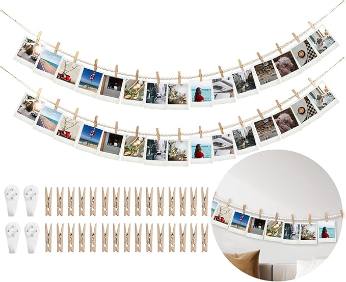 Hanging Photo Display Wall Decor with 30 Wood Clips, 67 Inches Boho Wooden Bead Garland Collage Picture Frame Photos String DIY, Photo Hanger for Bedroom Office Dorm Room Decor Gifts(2PCS)