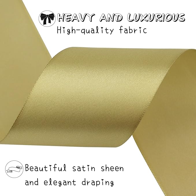 Champagne Gold Solid Satin Ribbon 2 Inch 25 Yards Solid Polyester Fabric Ribbon for Gift Wrapping Wedding Christmas Baby Shower Birthday Party Decoration Handmade Immortal Flower Craft
