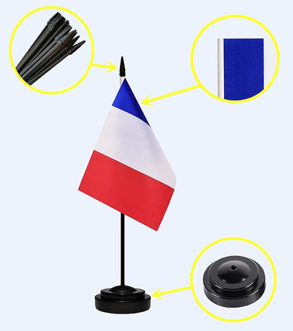 France French Deluxe Desk Flag Set, Small Mini Miniature France French Table Desktop Flags With Solid Pole, Black Base and Spear Top(2 Pack)