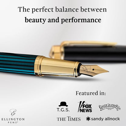 Ellington Pens Luxury Fountain Pen Set- Fountain Pens for Writing - Smooth Medium Nib - Includes Refillable Ink Converter, 3 Ink Cartridges [Black & Blue], Gift Box - Elegant Calligraphy