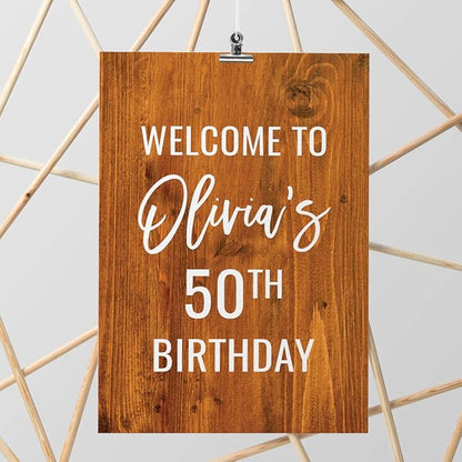Andaz Press Personalized Extra Large Birthday Easel Board Party Sign, 12x18-inch, Rustic Barn Wood, Welcome to Olivia's 50th Birthday, 1-Pack, Custom Name Age