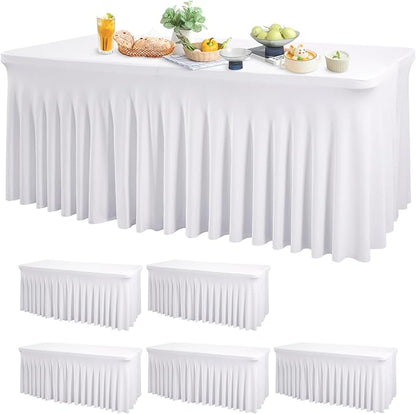 6 Pack White Spandex Table Clothes for 8 Foot Rectangle Tables, 8FT Wrinkle Free Fitted Tablecloths Ruffles Design Table Cover for Party, Banquet, Wedding and Events