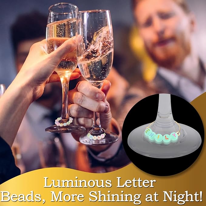 60 Sets DIY Wine Glass Charms – 780 Letter Beads 120 Gold Beads 60 Charm Rings 2 Tweezers, Drink Identifier Charms Wine Glass Marker Tags for Wedding Cocktail Bachelorette Party Decoration (Luminous)