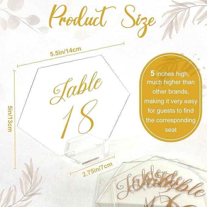 OurWarm Large Acrylic Wedding Table Numbers 1-20, Gold Printed Calligraphy Place Cards with Stand, Hexagon Multi-functional Clear Acrylic Sign and Holder, Ideal for Wedding Reception Events