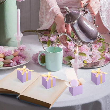 Jutom 100 Pcs Mini Favor Boxes Extra Small Candy Boxes Paper with Gold Ribbon for Christmas Thanksgiving Day Birthday Wedding Anniversary Supplies(2 x 2 x 2 Inch,Lavender)