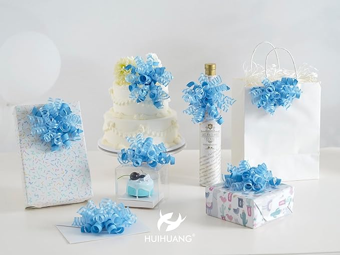 HUIHUANG Blue Bows for Gift Wrapping Baby Blue Gift Bows 5 inch x 8 Counts Self-Adhesive Curly Ribbon Bow for Presents, Paper Bag, Baby Shower Favors, Wrapping Accessories, Party Decor