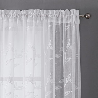 VISIONTEX White Sheer Voile Curtains, Decorative White Embroidery Faux Linen Rod Pocket Window Drapes for Home Kitchen, Living Room and Bedroom 54 x 95 Inch, Set of 2 Curtain Panels
