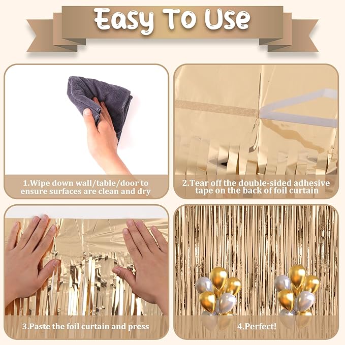 2 Pack Champagne Foil Fringe Backdrop Curtains, Tinsel Streamers Birthday Party Decorations, Fringe Backdrop for Graduation, Baby Shower, Gender Reveal, Disco Party