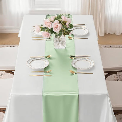 10 Pack Sage Green Satin Table Runner 12x108 Inches Long, Bright Silky Smooth Satin Table Runner Table Decor for Wedding Banquet Christmas Prom Event Birthday Party