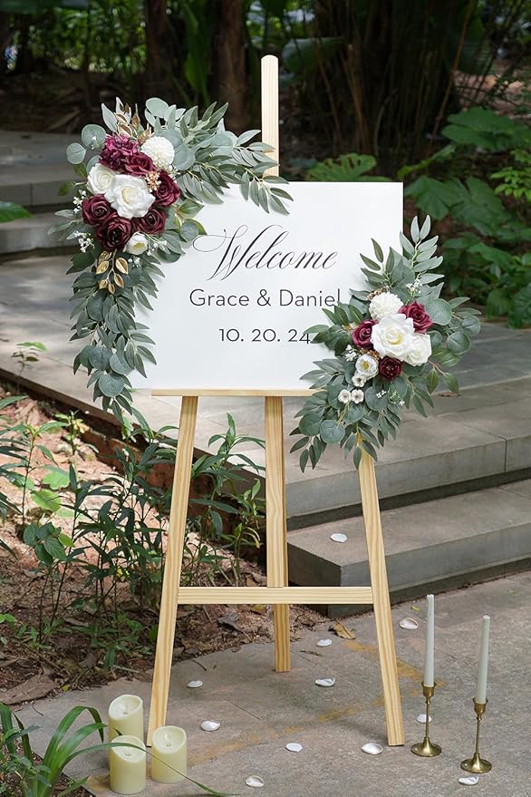 Artificial Burgundy Flower Swag Set of 2 for Wedding Welcome Signs Floral Decorations, Wedding Arch Flowers for Wedding Ceremony, Ivory Wedding Flower