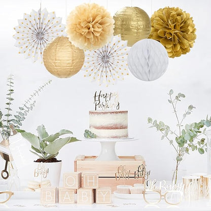 White Gold Party Decorations Streamers - 14pcs Christmas Wedding Engagement Paper Lanterns Fan,Tissue Pom Poms,Honeycomb Balls,Bachelorette Neutral Birthday Baby Bridal Shower Decor Lasting Surprise