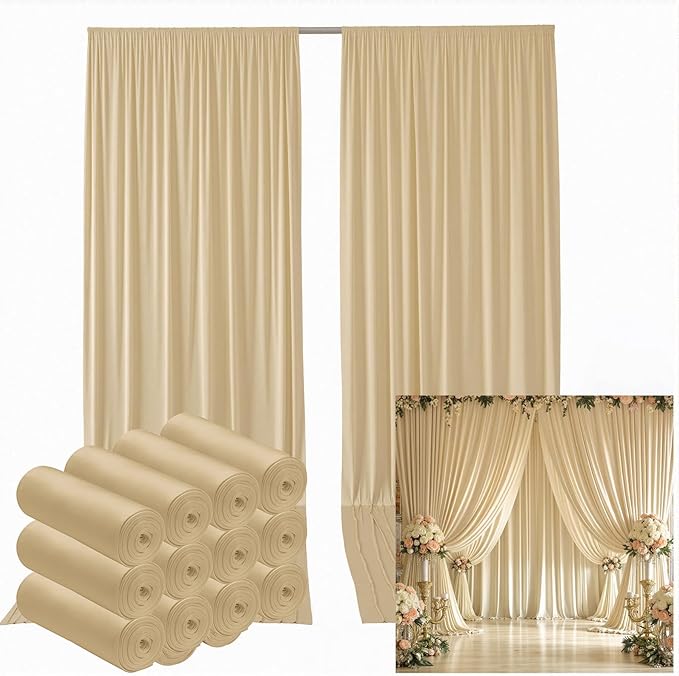 60ftx12ft Wrinkle Free Beige Backdrop Curtain, 12 Panels 12FT Height Beige Wedding Backdrop Drapes, Silky Polyester Back Drop Cloth for Birthday Photography Background Party Backdrop Draping