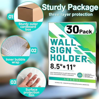 Aheroi 30Pcs Acrylic Sign Holder 8.5 x 11, Clear Wall Sign Holder 8.5 x 11 Wall Mount with 60 Tape, No Drilling Acrylic Wall Frame Paper Holder Document Holder for Office Home Restaurant