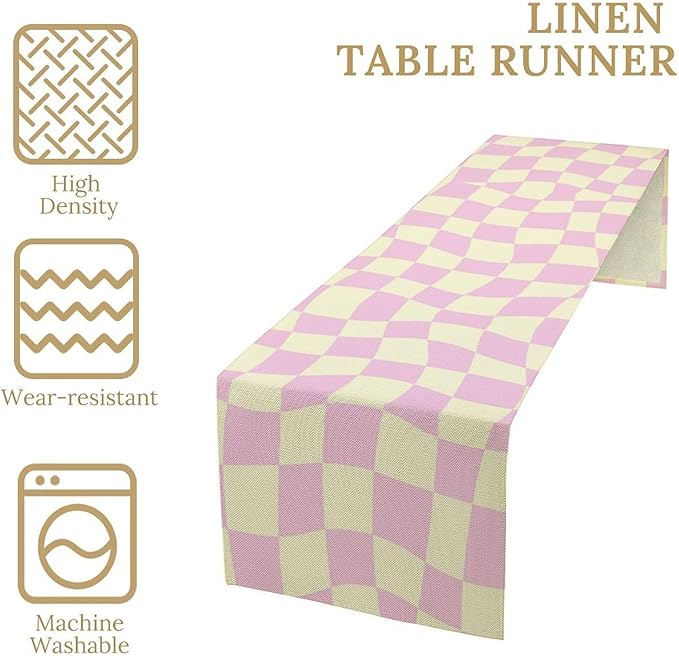 Hippie Table Runner Retro Geometric Square Purple Grid 60s70s Style Kitchen Restaurant Decoration for Indoor and Outdoor Wedding Party Table Runner 13x60 Inch