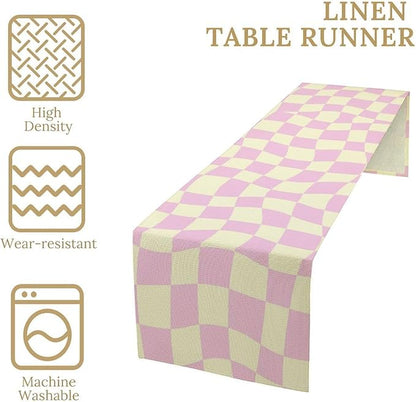 Hippie Table Runner Retro Geometric Square Purple Grid 60s70s Style Kitchen Restaurant Decoration for Indoor and Outdoor Wedding Party Table Runner 13x60 Inch