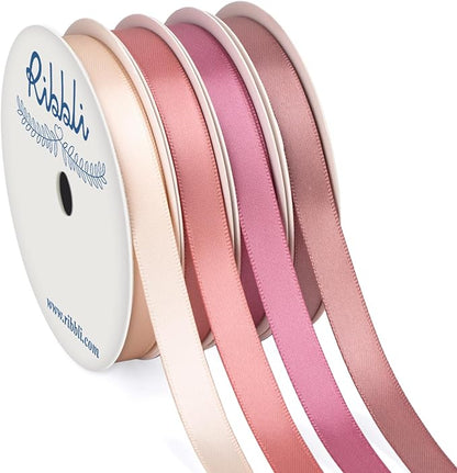 Ribbli Dusty Rose Satin Ribbon 3/8 Inch x 4 Rolls Total 40 Yards- Champagne Pink/Rose Gold/Rosy Mauve/Mauve Ribbon for Wrapping and Craft
