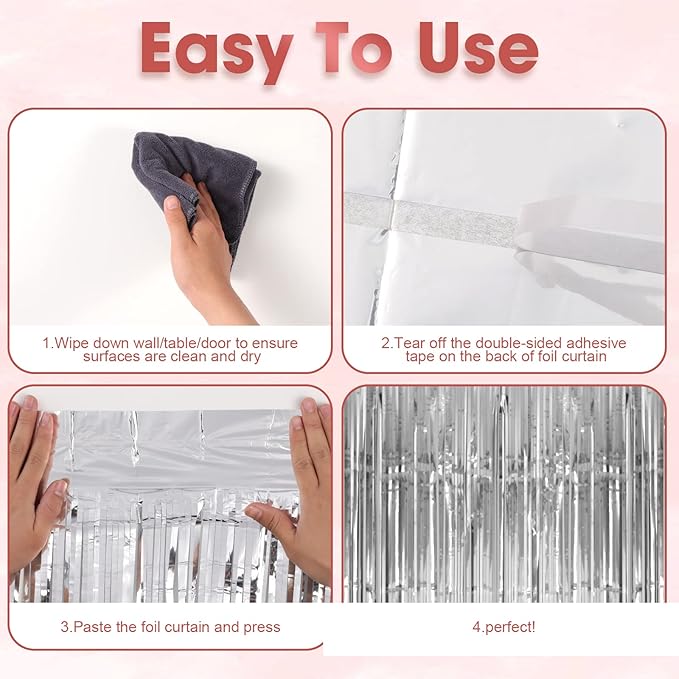 4 Pack Silver Foil Fringe Backdrop Curtains, Tinsel Streamers Birthday Party Decorations, Fringe Backdrop for Graduation, Baby Shower, Gender Reveal, Disco Party