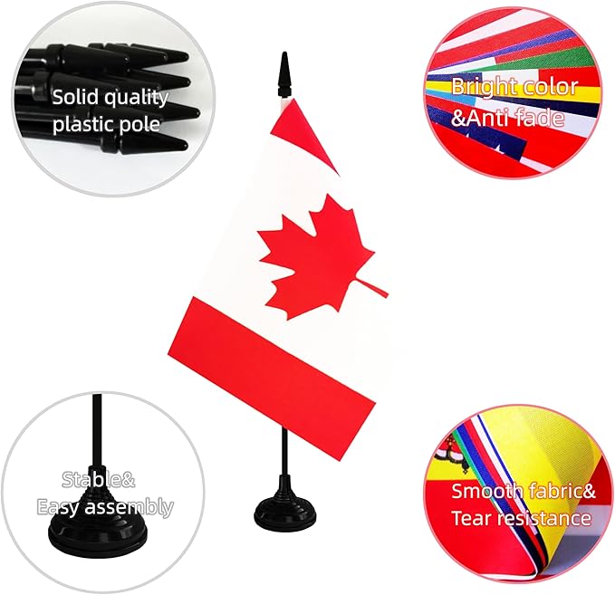 Canada Desk Flag, 12 Pack Canadian Table Office Flag with Black Solid Pole and Stand Base, International Country Flag, Festival Celebration, Classroom Meeting Desktop Decor (Canada)