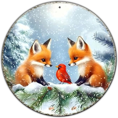 Christmas Round Fox Metal Tin Sign - Red Bird Winter Vintage Sign for Home & Outdoor Decorations - 12 * 12 in