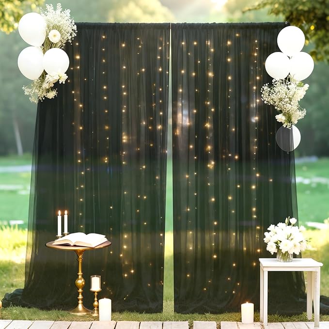 10×10ft Tulle Backdrop Curtains with Lights String - 300LED Fairy Lights Sheer Curtain Backdrop for Weddings Baby Shower and Birthday Party Decorations(4 Panels 5×10ft)