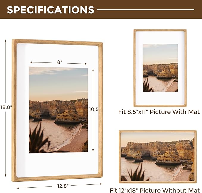 12x18 Frame USA-Sourced Natural Oak Wood Solid Wood Photo Frame Handcrafted Rounded Corner with Mat to 8x12 Picture Display with Real Glass Family Picture, Wedding Photo, Certificate