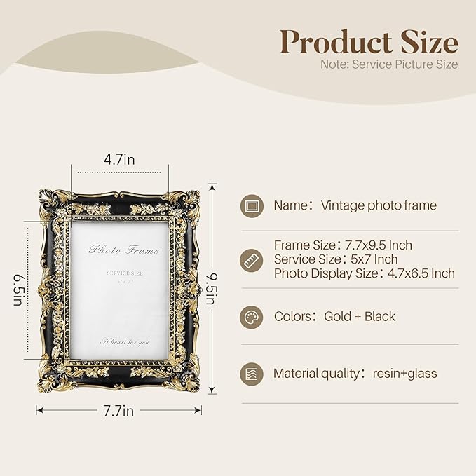 Cuspin Vintage Black and Gold Picture Frame 5x7, Ornate Baroque Resin Handcrafted Picture Frames with Glass Front, Antique Textured Design Decorative Frame for Tabletop & Wall Display