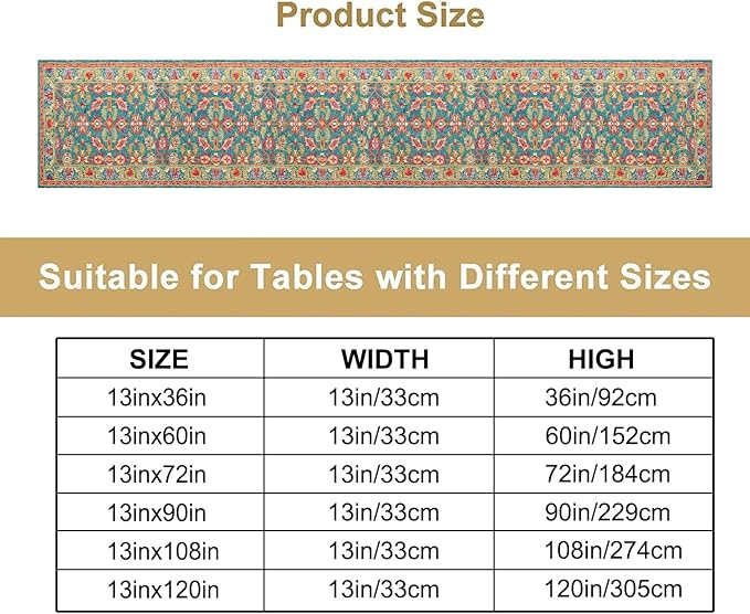 Vintage Boho Floral Table Runner, Rustic Country Farmhouse Teal Red Purple Flower Pattern for Home Kitchen Table Decor Dining Coffee Room Party Decor 13x36in