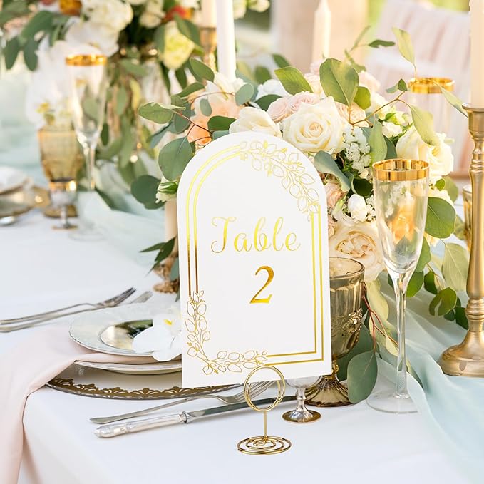 Wedding Table Numbers 1-40, 40 White Gold Cards with 40 Gold TableNumber Holders for Wedding Reception(Card and Holder)