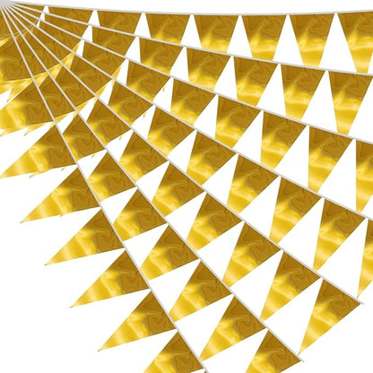 20M/65FT Gold Triangle Pennant Banner Flag Metallic Fabric Bunting Garland for Christmas Graduation Wedding Engagement Anniversary Bachelorette Birthday Bridal Shower Valentines Hen Party Supplies