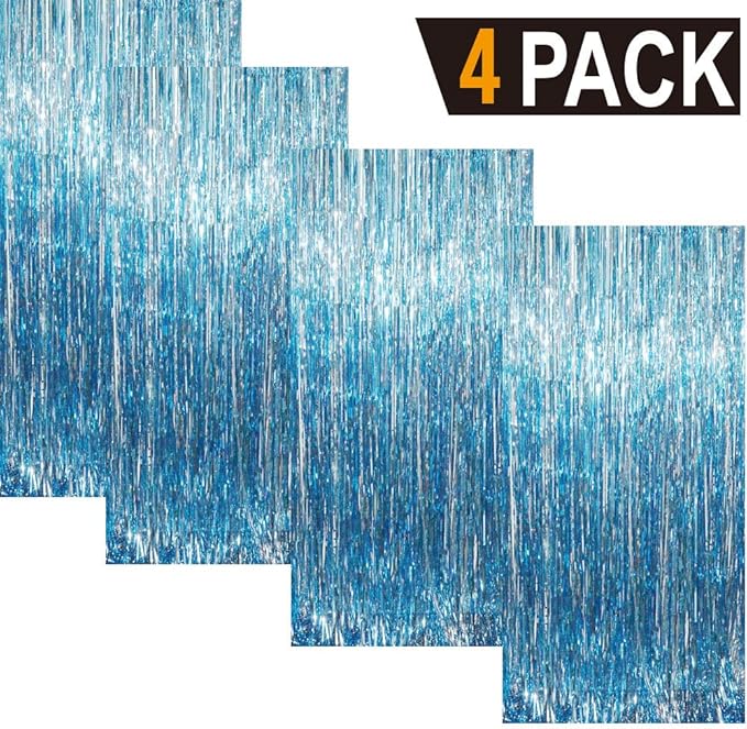 GOER 3.2 ft x 8.2 ft Metallic Tinsel Foil Fringe Curtains Party Photo Backdrop Party Streamers for Birthday,Graduation,New Year Eve Decorations Wedding Decor (4 Packs,Blue)
