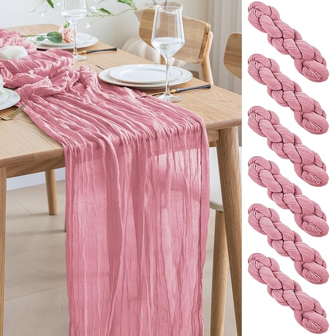 Asee'm 6pcs Cheesecloth Table Runner 120 Inches Long Pink Boho Gauze Cheese Cloth Runner 10FT Rustic Sheer Table Runners for Christmas Wedding Party Baby Shower Spring Easter Decoration