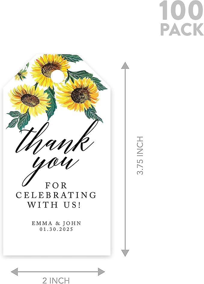 Andaz Press 100-Pack Personalized Thank You Tags with Bakers Twine Sunflowers Custom Cardstock Wedding Gift Tags for Wedding Party Favors 2 x 3.75-Inches