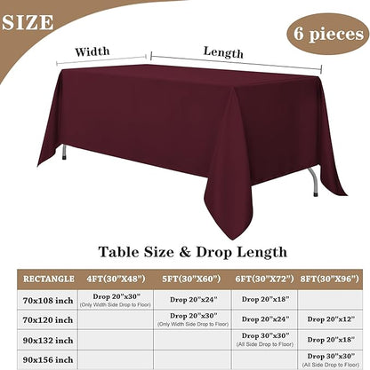Fitable Burgundy Tablecloths for 6-8 Foot Tables, 6 Pack - 70 x 120 Inches - Reusable and Washable Table Clothes, Polyester Fabric Table Covers for Wedding, Party, Banquet