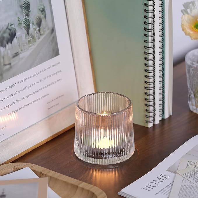 DARJEN Clear Ribbed Tealight Votive Candle Holders Set of 10- Tea Light Candle Holder Glass for Table Centerpiece, Engagement Parties, Birthday Parties & Wedding Shower