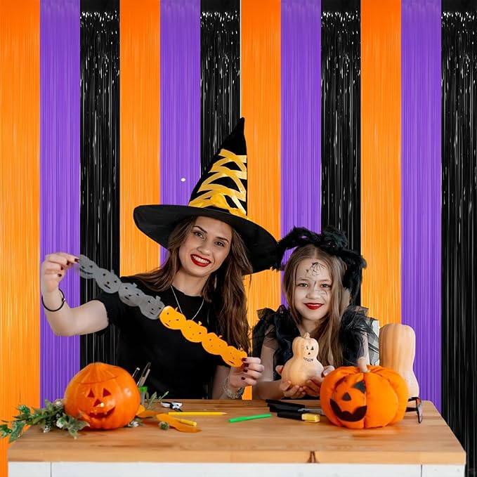GOER 6.4 ft x 8.2 ft Metallic Tinsel Foil Fringe Party Backdrop for Halloween Birthday Graduation New Year's Party Decorations(2 Packs,Black&Orange&Purple)