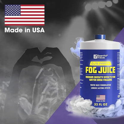 Essential Values Fog Machine Liquid - Long-Lasting Fog Juice for Smoke Machine Extreme High-Density, 32oz/Quart – Manufactured in USA – Water Based Foggers 700+ Watt Machines