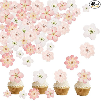 Wafer Leaves Sunflower Snowflakes Unicorn Wings Cupcake & Cake Toppers Decoration (48pcs cherry blossom)