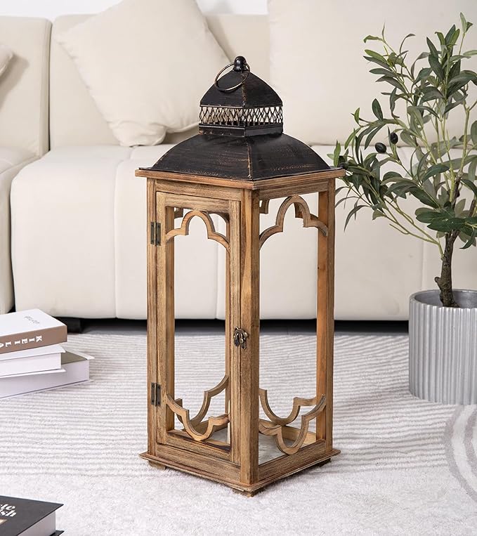 Large Farmhouse Decorative Wooden Lantern Set of 2, Rustic Brown Floor Lanterns, Indoor/Outdoor Hurricane Lanterns for Home Decor (No Glass)